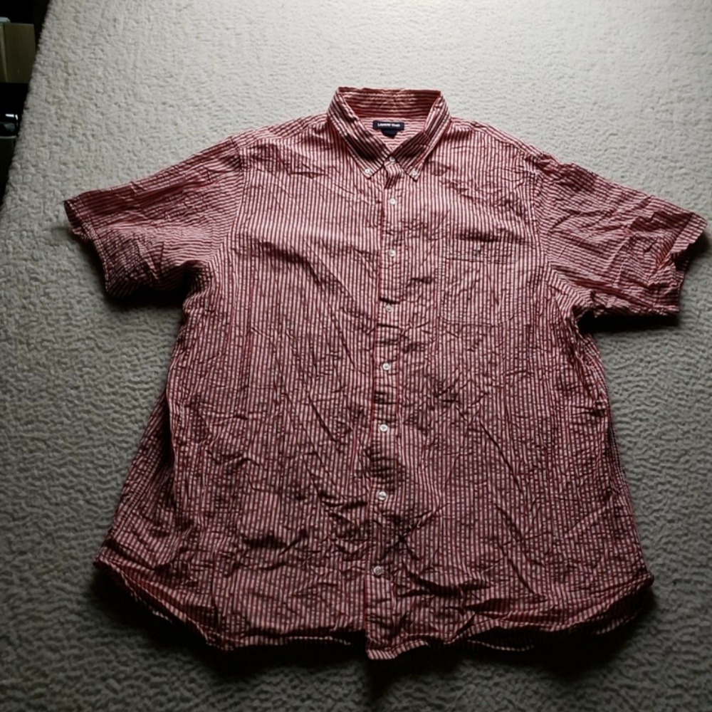 Lands' End Shirt Mens 2XLT Red Stripe Short Sleeve Cotton Button-Up Casual